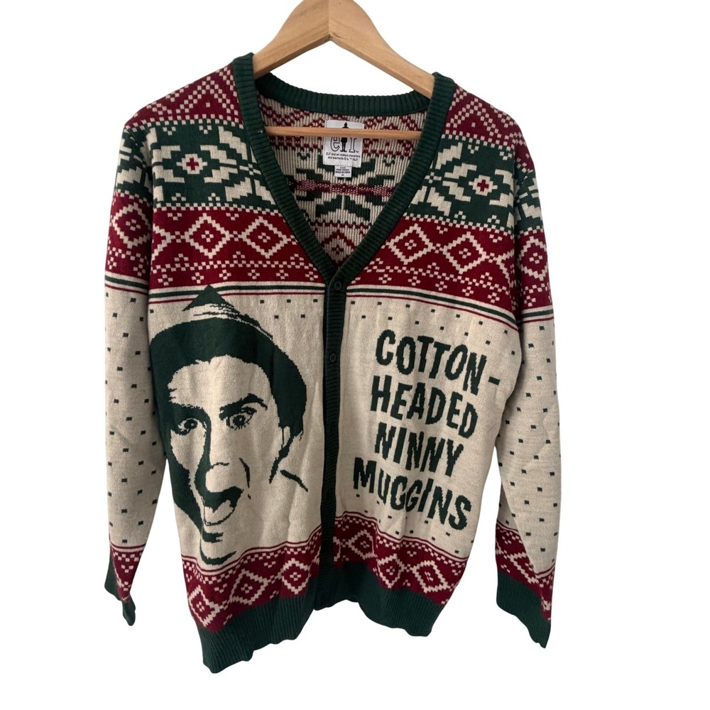 Elf Movie Cardigan Sweater Mens Medium Green Red Excellent Ninny Muggins Knit